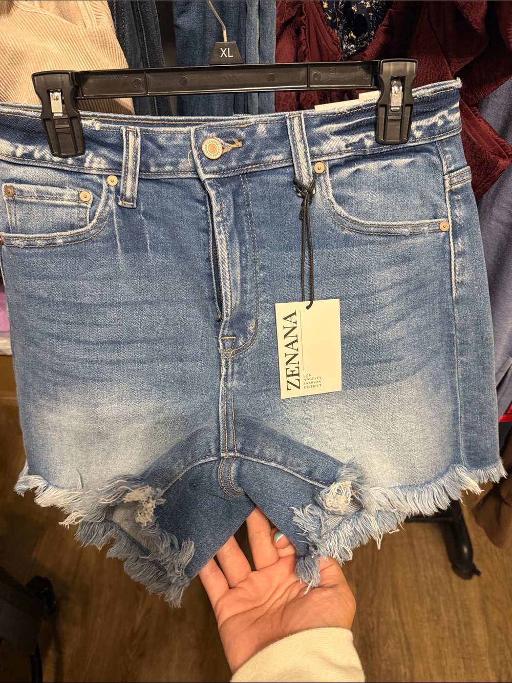 Zenana Outfitters Light Blue Distressed Denim Shorts with Frayed Hem